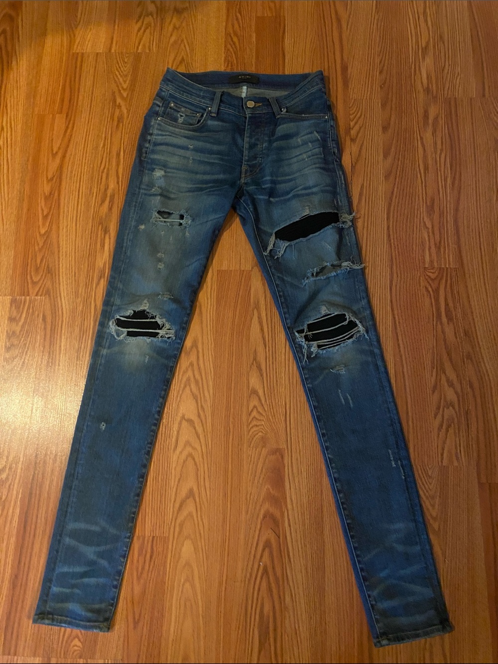 Amiri MX1 Black Leather Patch denim
